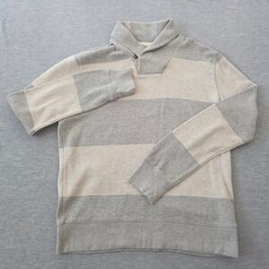 Gap Mens Shawl Collar Pullover Sweater Gray Cream Striped Cotton Knit Medium